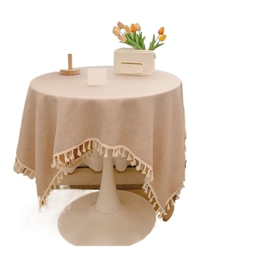 GIYXHU Runde Tischdecke Rustikale Tischdecke mit Quasten, Baumwollleinen, Tischdecke for Hochzeit, Empfang, Teetisch, Esstisch, Dekoration(Khaki,90x90cm) von GIYXHU