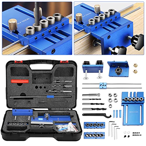 GJCrafts Doweling Jig Kit 3-in-1 mit 6/8/10mm Bohrsch, 5 Loch Taschenloch Jig Kit Werkzeug 3 Kombinationen mit Verstellbarer Bohrer und 300mm Verlängerungsstange, Bohrführung Puncher Locator von GJCrafts