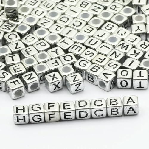 100–500 Stück quadratische weiße und schwarze gemischte Buchstaben-Acrylperlen, Würfel, lose Abstandshalter, Alphabet-Perlen zur Schmuckherstellung, DIY-Zubehör-B06390-100 Stück von GJUYTD