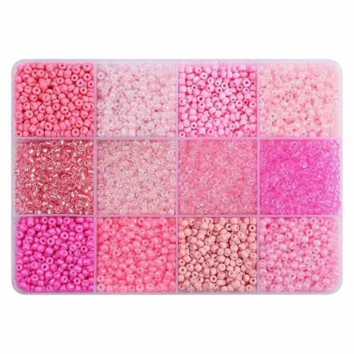 Glas-Set in 12 Farben zur Herstellung von Armbändern, lose Abstandsperlen mit Aufbewahrungsbox, Röhrenperlen-Set für DIY-Bastelkettenanhänger, Rosa, 3,0 mm von GJUYTD