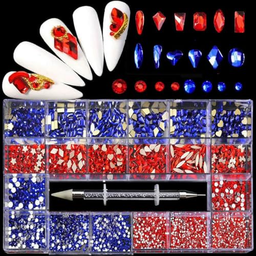 1Box Nail Art Strass-Set, 3D-Nagel-Charms, Schmuck, Edelsteinlegierung, Luxus-Kristall-Nagel-Art-Dekoration, Diamant-Nagelteile, Zubehör-Rot Blau von GJUYTI