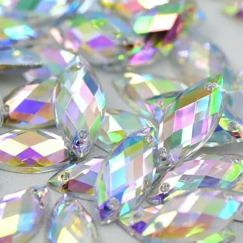 7 x 15 mm, 100 Stück, Nähen, Kristall AB, Strasssteine, flache Rückseite, Acrylsteine, Applikation zum Aufnähen, Pferdeauge, Kristall-Strass für Handarbeiten, Kristall AB von GJUYTI