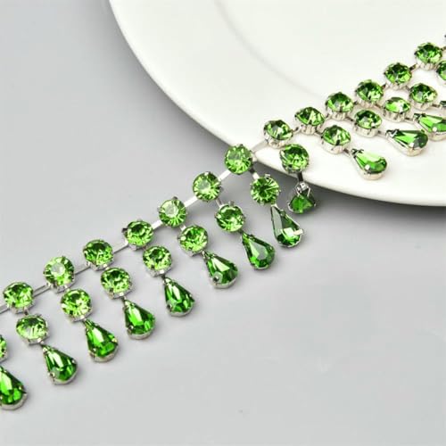 Modische 2-reihige runde Wassertropfen-Anhänger-Quastenbesätze, Strass-Kristallkette, DIY-Halskette, Kleidung, Schuhe, Zubehör, Königsgrün, 1 Yard von GJUYTI