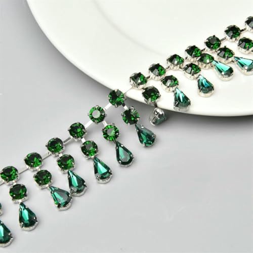 Modische 2-reihige runde Wassertropfen-Anhänger-Quastenbesätze, Strass-Kristallkette, DIY-Halskette, Kleidung, Schuhe, Zubehör, grüner Zirkon, 1 Yard von GJUYTI