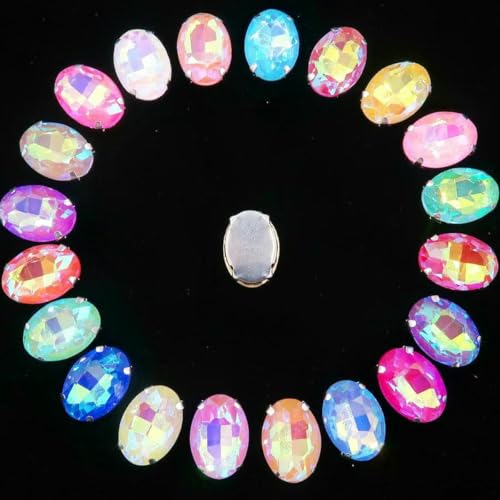 Ovale Form, silberne Krallenfassungen, 20 Stück/P, Regenbogen- und Gelee-AB-Farben, Glaskristall, 10 x 14,0 mm, 13 x 18 mm, Strass-Applikation zum Aufnähen, DIY-A-038, AB-Farben-Mix, 10 x 14 von GJUYTI