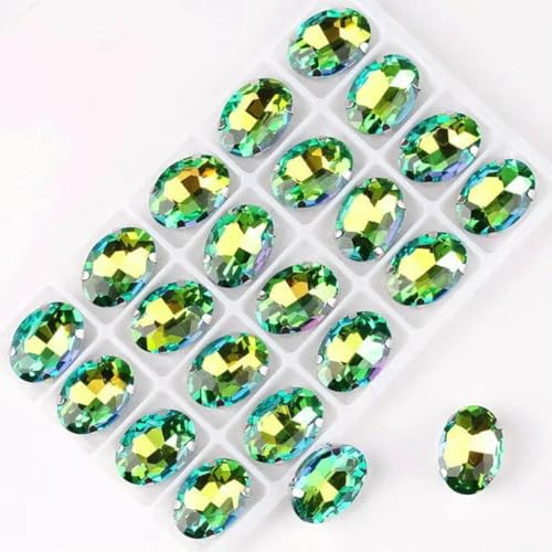 Ovale Form, silberne Krallenfassungen, 20 Stück/P, Regenbogen- und Gelee-AB-Farben, Glaskristall, 10 x 14,0 mm, 13 x 18 mm, Strass-Applikation zum Aufnähen, DIY-A-07, Fruchtgrün, RB-13 x 18 von GJUYTI