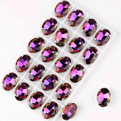 Ovale Form, silberne Krallenfassungen, 20 Stück/P, Regenbogen- und Gelee-AB-Farben, Glaskristall, 10 x 14,0 mm, 13 x 18 mm, Strass-Applikation zum Aufnähen, DIY-A12 Amethyst RB-10 x 14,0 mm, von GJUYTI