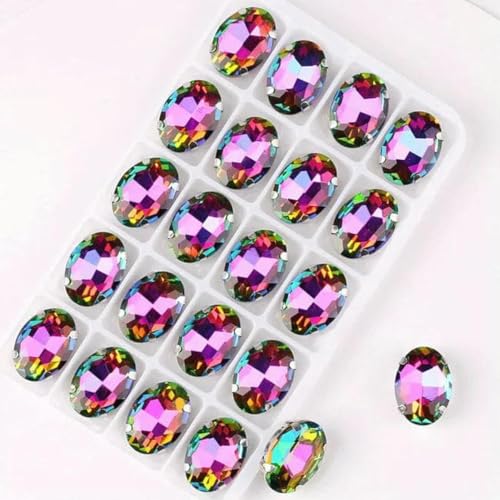 Ovale Form, silberne Krallenfassungen, 20 Stück/P, Regenbogen- und Gelee-AB-Farben, Glaskristall, 10 x 14,0 mm, 13 x 18 mm, Strass-Applikation zum Aufnähen, DIY-A14 Flamme RB-13 x 18 mm, 20 von GJUYTI