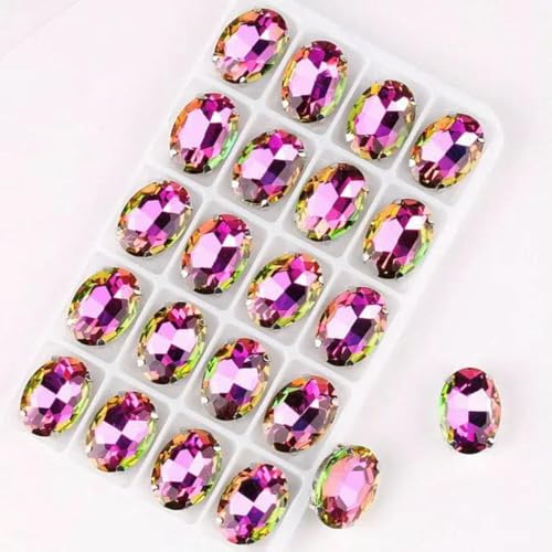 Ovale Form, silberne Krallenfassungen, 20 Stück/P, Regenbogen- und Gelee-AB-Farben, Glaskristall, 10 x 14,0 mm, 13 x 18 mm, Strass-Applikation zum Aufnähen, DIY-A16 Fuchsia RB-13 x 18 mm, 20 von GJUYTI
