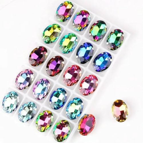 Ovale Form, silberne Krallenfassungen, 20 Stück/P, Regenbogen- und Gelee-AB-Farben, Glaskristall, 10 x 14,0 mm, 13 x 18 mm, Strass-Applikation zum Aufnähen, DIY-A17 RB-Farbenmix, 13 x 18 mm, von GJUYTI