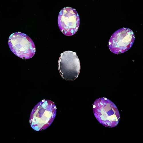 Ovale Form, silberne Krallenfassungen, 20 Stück/P, Regenbogen- und Gelee-AB-Farben, Glaskristall, 10 x 14,0 mm, 13 x 18 mm, Strass-Applikation zum Aufnähen, DIY-A29 Lila AB, 10 x 14,0 mm, 20 von GJUYTI