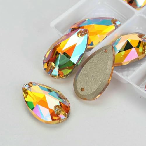 Tropfenförmige Glaskristalle AB Moonlight Nähsteine Flatback zum Aufnähen von Strasssteinen für Kleidungsstücke, Taschen – 001SU Crystal Sun – 24 Stück, 10,5 mm, 18 mm von GJUYTI