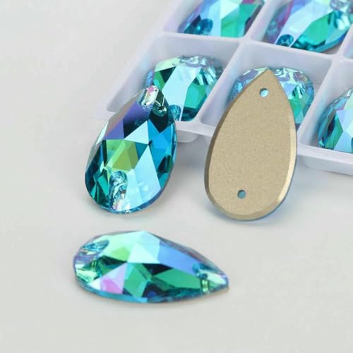 Tropfenglas-Kristall AB Mondlicht-Nähsteine, flache Rückseite, zum Aufnähen von Strasssteinen für Kleidungsstücke, Taschen – 202SI Aquamarin SI – 24 Stück, 13,0 mm, 22 mm von GJUYTI