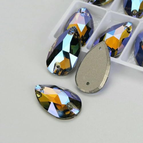 Tropfenglas-Kristall AB Moonlight-Nähsteine, flache Rückseite, zum Aufnähen von Strasssteinen für Kleidungsstücke, Taschen – 215SI BlackDiamondSI – 72 Stück, 7 mm, 12 mm von GJUYTI
