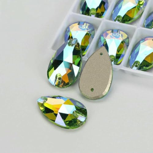 Tropfenglaskristall AB Mondlicht-Nähsteine, flache Rückseite, zum Aufnähen von Strasssteinen für Kleidungsstücke, Taschen – 214SI Peridot SI – 24 Stück, 13,0 mm, 22 mm von GJUYTI