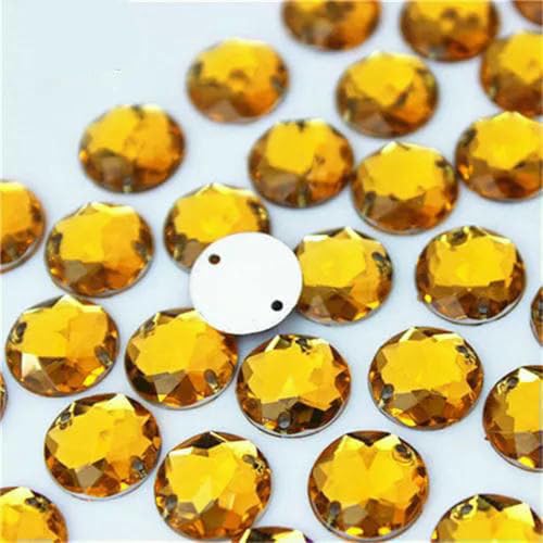 mm 10 mm 12 mm runder Acryl-AB-Strass zum Aufnähen, Facettenkristall, flache Rückseite, zwei Löcher, zum Aufnähen, DIY-Kleidungssteine, WC780, Gelb, 12 mm, 50 Stück von GJUYTI