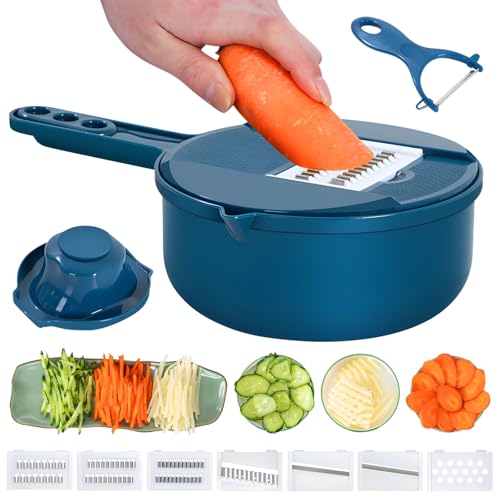 Gemüse Käsereibe Werkzeugset Multifunktionaler Gemüseschneider mit Ablaufkorb, Gemüseschneider, Gemüsehobel, Mandolinenschneider, Zerkleinerer, Küchenhelfer, Gemüseschäler, Shredder-Set (blau, 9 in 1) von GJV