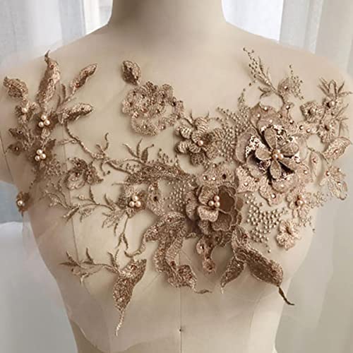 Stickerei Applikation DIY Handgemachte Braut Perlen Blumen Accessoires für Kleidung Strass Hochzeitskleid Spitze Stoff 3D Perle-Gold von GKANDI