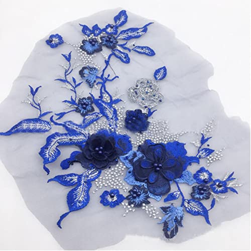 Stickerei Applikation DIY Handgemachte Braut Perlen Blumen Zubehör für Kleidung Strass Hochzeitskleid Spitze Stoff 3D Perle-Saphirblau von GKANDI