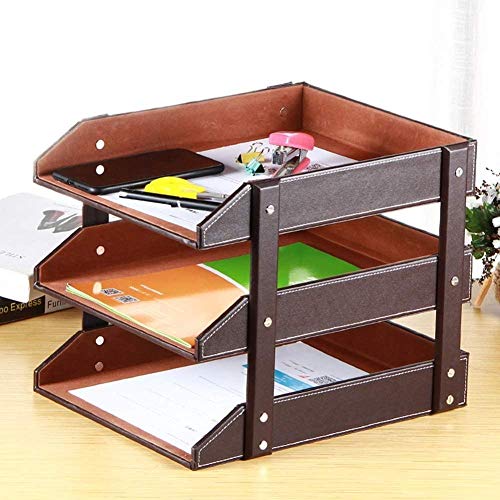Multifunktions-Tablett, Abnehmbarer Schreibtisch-Aktenständer aus Holz mit 3 Ebenen, PU-Leder, braun-schwarz, stapelbare Briefablage.(Bruin) von GKIRQVPE