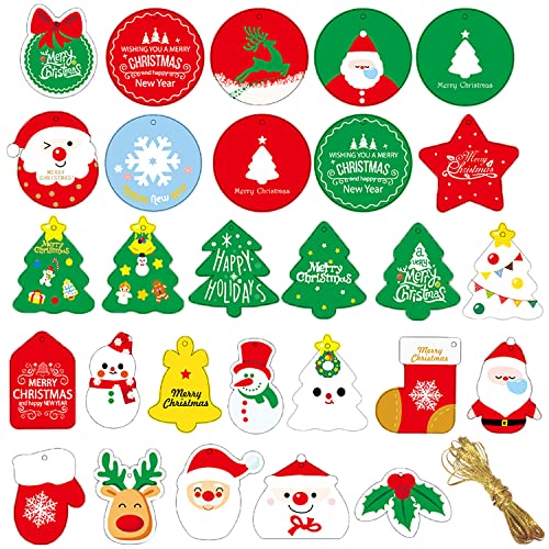 GKONGU Geschenkanhänger Weihnachten Etiketten 28 Stück,Etiketten Papier Geschenke Karte zum Beschriften,Hängeetiketten mit Goldschnur für Weihnachtsgeschenkverpackungen oder Weihnachtsbaum Dekoration von GKONGU