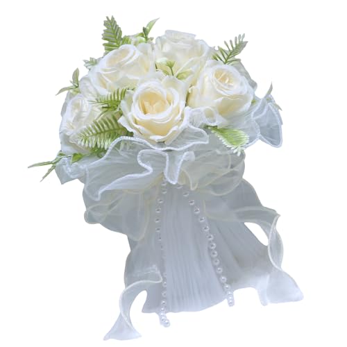 GKYQVE Seidenblume Perlen Hochzeitsstrauß Mit Tülldesign Brautstrauß Für Brautdusche Formelle Veranstaltung Dekorative Accessoire Hochzeit Brautzubehör von GKYQVE