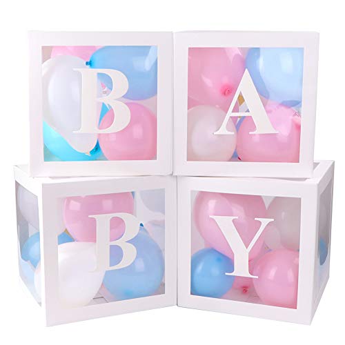 4 Duschboxen für Babys, Party-Dekoration, mit 30 Luftballons und 29 Buchstaben, transparente Luftballons, weiß, für Weihnachtsdekoration, Geburtstagsfeier, Babyparty von GLAITC