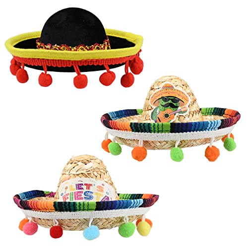 Cinco De Mayo Fiesta Sombrero Hut, 3 Stück Mini Mexican Sombrero Hüte Headbands Fiesta Strohhut Niedliche Partyhüte Stroh Sombreros für Fiesta Karneval Sommer Mexican Theme Dekorationen (Stirnband) von GLAITC