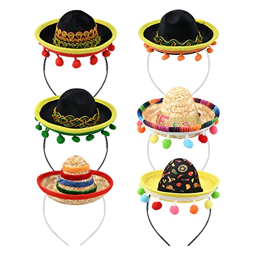 GLAITC Mini mexikanischen Sombrero Hüte Stirnbänder 6 Pcs Cute Straw Sombreros Mini Fun Fiesta Strohhut Stirnband für Sommer mexikanischen Thema Party Fun Fiesta Party Favors von GLAITC