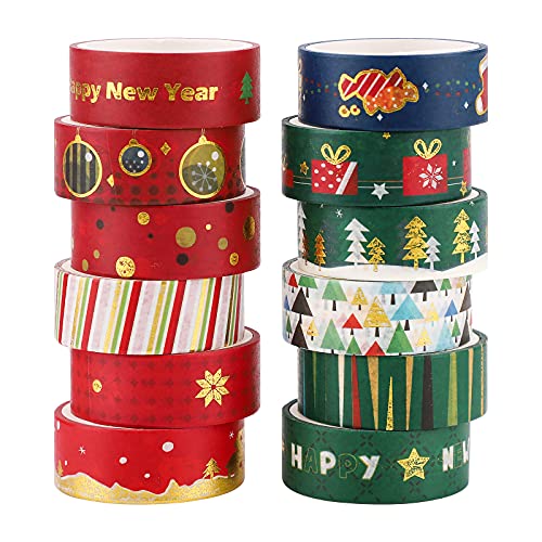 Weihnachts Washi Klebeband, 12 Rollen Goldfolie Dekoratives Selbstklebendes Band für Weihnachtsdekorationen, Geschenkverpackung, 15mm x 3m von GLAITC