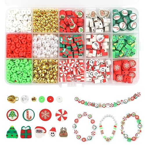 Weihnachtsperlen,1080 PCs Weihnachtsmotiv Polymer Clay Beads mit klarer Schnur,Weihnachten Charme Anhänger Handwerksfadenperlen für Weihnachten DIY Armband Halskette Vorräte von GLAITC