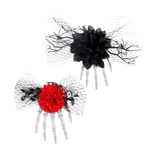 GLEAVI 2 Stück Teiliges Halloween Haar Accessoire mit Skelett Hand und Rosenblume Schwarze und Rote Mesh Haarklammern Sichere Passform Leicht und Bequem für Damen Halloween Partys und von GLEAVI