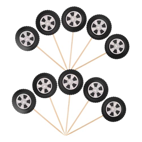 GLEAVI 20 Stück Kuchenstangen Einfügen Rad Geburtstagsfeier Rennwagen-Kuchendekorationen Nachtisch Partyartikel für Rennwagen Autos Cupcake Topper auto kuchen dekorationen Bambus Schwarz von GLEAVI