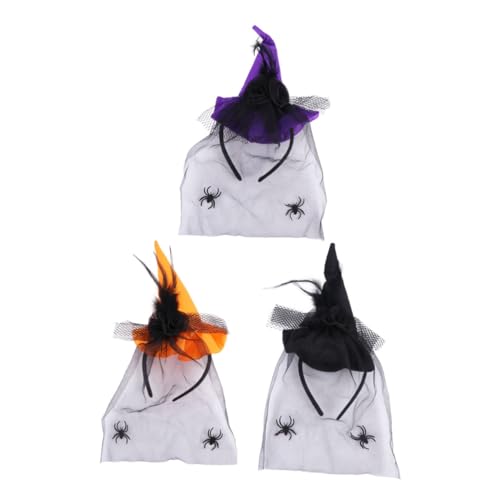 GLEAVI 3 Stück Halloween Haarschmuck Hexenhut Haarreifen mit Spinnen und Schleier für Gruselpartys Verstellbar und Atmungsaktiv Geeignet für Damen von GLEAVI
