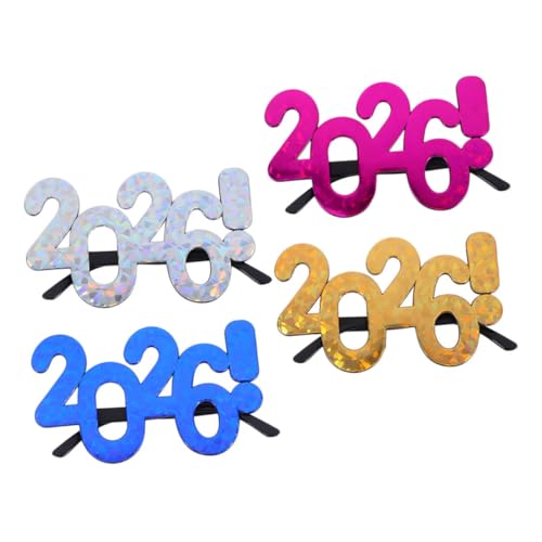 GLEAVI 4 Stück Partybrille aus Kunststoff mit Glitzereffekt Leichte Tragbare Bunte Silvester Fotorequisiten Lustige Zahlenbrillen für Neujahrsfeier und Chinesisches Neujahr von GLEAVI