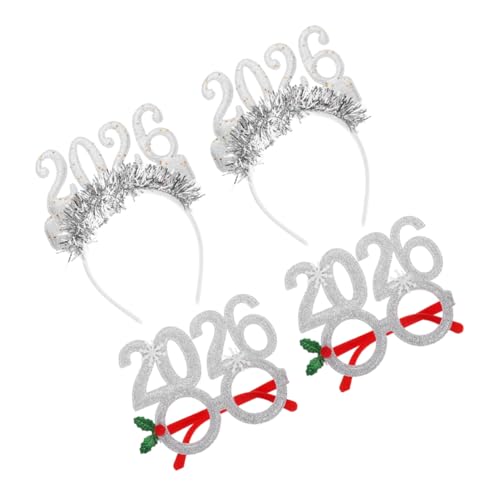 GLEAVI 4 Stücke Silbrige Happy Year Haarreifen und Glitzer Brillen Leichtes Weiches Material für Festliche Party Accessoires für Weihnachten und Silvester Feier von GLEAVI