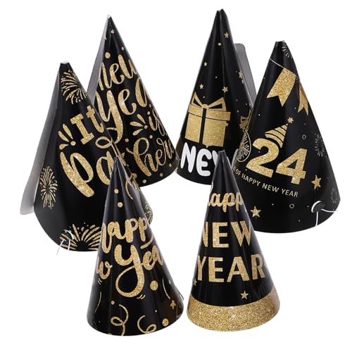 GLEAVI 6 Stück Teiliges Schwarzer und Goldener Kegelpapier Partyhüte Neujahrs Fotorequisiten mit Neujahrswünschen Leichte Bequeme Silvester Kopfbedeckung für Mottopartys und GLEAVI 6 Stück Teiliges Schwarzer und Goldener Kegelpapier Partyhüte Neujahrs Fotorequisiten mit Neujahrswünschen Leichte Bequeme Silvester Kopfbedeckung für Mottopartys und von GLEAVI
