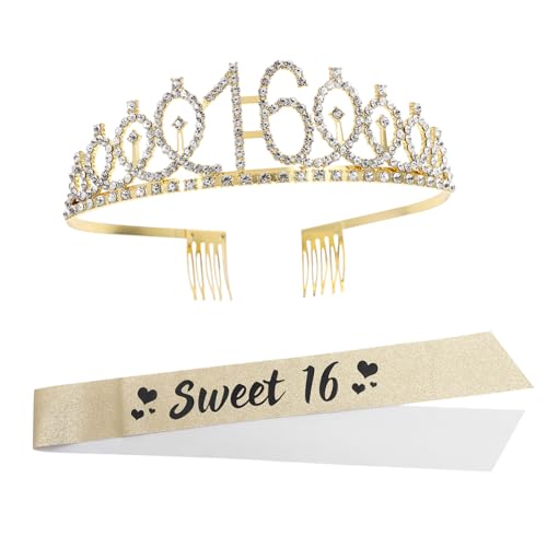 GLEAVI Glänzendes Geburtstagskrone und Schärpe Set für Mädchen Jahre Geburtstag Goldene Prinzessin Krone mit Funkelndem Stirnband Schimmerndes Partyzubehör für Mädchen Geburtstag Feier von GLEAVI