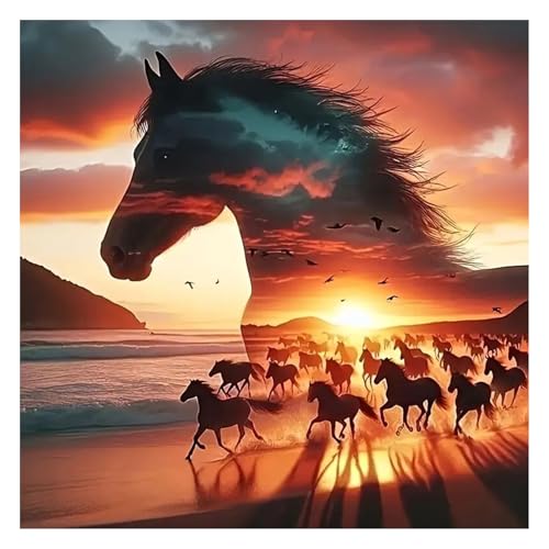 GLIDIAM 40x40cm Diamond Painting Pferde Galopp, Diamant Malerei Bilder Tiere Sonnenuntergang, DIY Full Drill Basteln Erwachsene, Mosaik Stickerei Kreuzstich Geschenk für Wanddeko Wohnzimmer von GLIDIAM