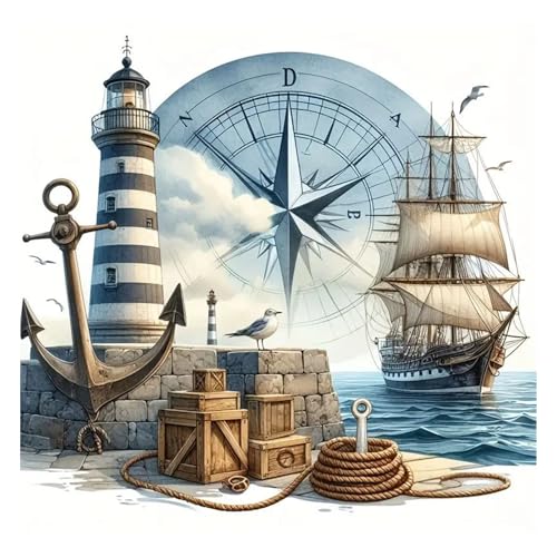 GLIDIAM 40x40cm Diamond Painting Schiff, Diamant Malerei Bilder Leuchtturm Nautisch, DIY Full Drill Basteln Erwachsene, Mosaik Stickerei Kreuzstich Geschenk für Wanddeko Wohnzimmer Schlafzimmer von GLIDIAM