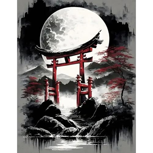 GLIDIAM 40x50cm Diamond Painting Japan Landschaft, Diamant Malerei Bilder Berg Mond Rot Schwarz, DIY Full Drill Basteln Erwachsene, Mosaik Stickerei Kreuzstich Geschenk für Wanddeko Wohnzimmer von GLIDIAM