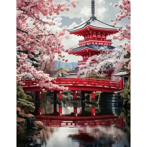 GLIDIAM 40x50cm Diamond Painting Japanische Landschaft, Diamant Malerei Bilder Kirschblüten Brücke, DIY Full Drill Basteln Erwachsene, Mosaik Stickerei Kreuzstich Geschenk für Wanddeko Wohnzimmer von GLIDIAM