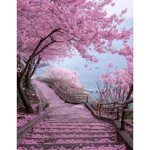 GLIDIAM 40x50cm Diamond Painting Japanische Landschaft, Diamant Malerei Bilder Kirschblüten am Meer, DIY Full Drill Basteln Erwachsene, Mosaik Stickerei Kreuzstich Geschenk für Wanddeko Wohnzimmer von GLIDIAM
