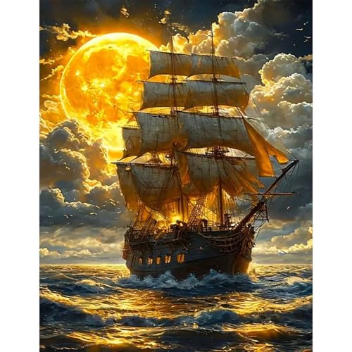 GLIDIAM 40x50cm Diamond Painting Schiff, Diamant Malerei Bilder Segelschiff Meer, DIY Full Drill Basteln Erwachsene, Mosaik Stickerei Kreuzstich Geschenk für Wanddeko Wohnzimmer Schlafzimmer von GLIDIAM