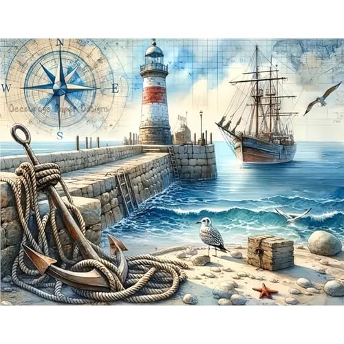 GLIDIAM 50x40cm Diamond Painting Schiff, Diamant Malerei Bilder Leuchtturm Nautisch, DIY Full Drill Basteln Erwachsene, Mosaik Stickerei Kreuzstich Geschenk für Wanddeko Wohnzimmer Schlafzimmer von GLIDIAM