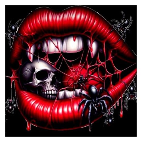 GLIDIAM Diamond Painting Totenkopf Skull Lippen, Diamant Malerei Bilder Horror Gothic Spinne, 30x30cm DIY Full Drill Basteln Erwachsene, Mosaik Stickerei Kreuzstich Geschenk für Wanddeko Wohnzimmer von GLIDIAM