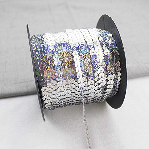 GLITZFAS 90m*6mm Pailletten Bänder Farbiges Glitzer Paillettenband Borten Rolle für DIY Handwerk Bastelprojekte Tanzbekleidungen Armband Dekorationen (Silber Laser) von GLITZFAS