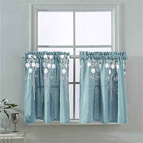 GLITZFAS Kurzgardine 2er Set Stickerei Scheibengardine Küchen Vorhang Blickdicht für Küche Kleine Fenster (Blau,74 x 61 cm) von GLITZFAS