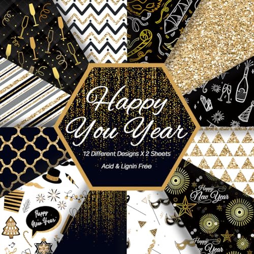 GLKTOPO 24 Blatt Festival Feier Scrapbook Papier Schwarz Gold gemustert 15,2 cm einseitig quadratisch Bastelpapier Happy New Year Decor Origami-Papier für Geschenkkartenherstellung - 12 Designs GLKTOPO 24 Blatt Festival Feier Scrapbook Papier Schwarz Gold gemustert 15,2 cm einseitig quadratisch Bastelpapier Happy New Year Decor Origami-Papier für Geschenkkartenherstellung - 12 Designs von GLKTOPO