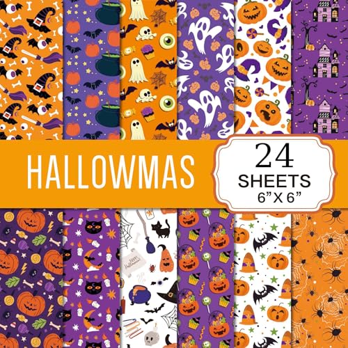 GLKTOPO Halloween-Scrapbook-Papier, 15,2 x 15,2 cm, einseitig, Kürbis, Spinne, Geist, Fledermaus, Musterpapier für Kartenherstellung, Fotoalbum, Party-Dekoration, Bastelbedarf, 12 Designs (Stil 6) von GLKTOPO